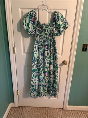 Floral Smocked Puff Sleeve Midi Dress in Seafoam Green and Blue